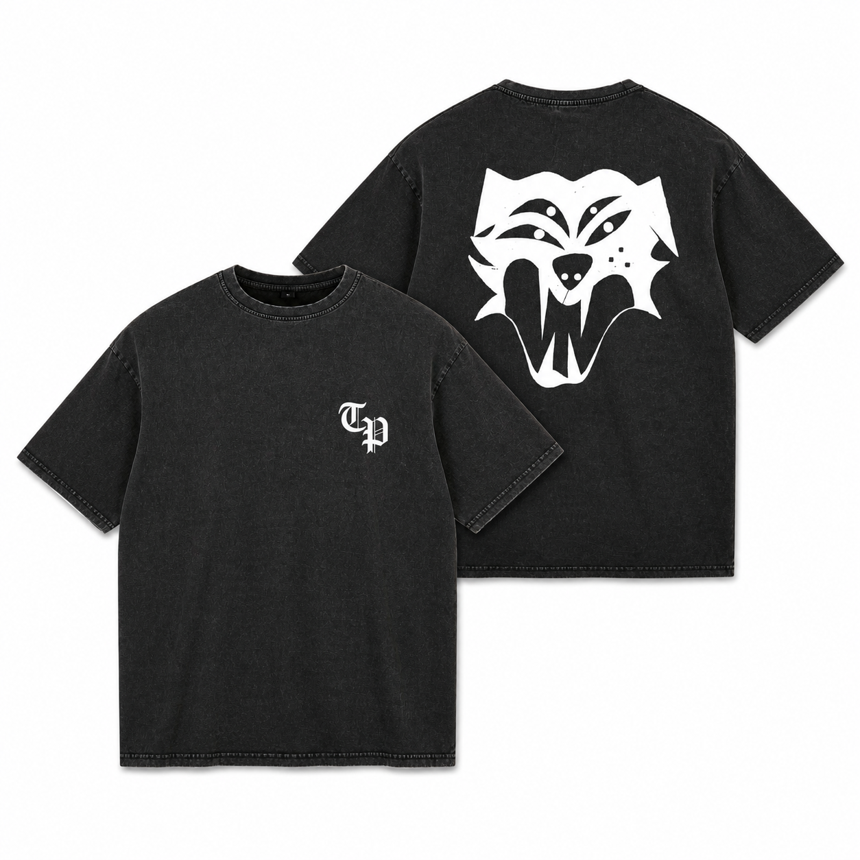 Czarny T-shirt acid wash z inicjałami TP na piersi i logo Kot w ciele psa na plecach